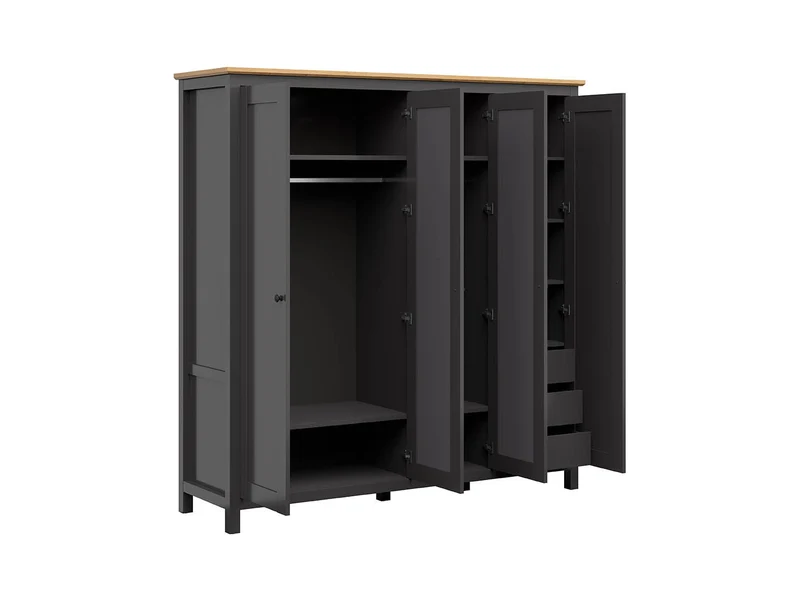 Hesen Wardrobe 197 cm – Graphite / Artisan Oak | 4 Doors, Mirror & 3 Drawers