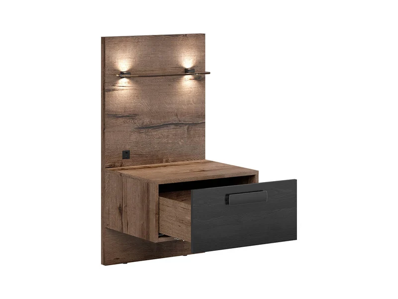 Kassel Bedside Table Right – Monastery Oak / Black | LED Panel, Drawer & Open Shelf