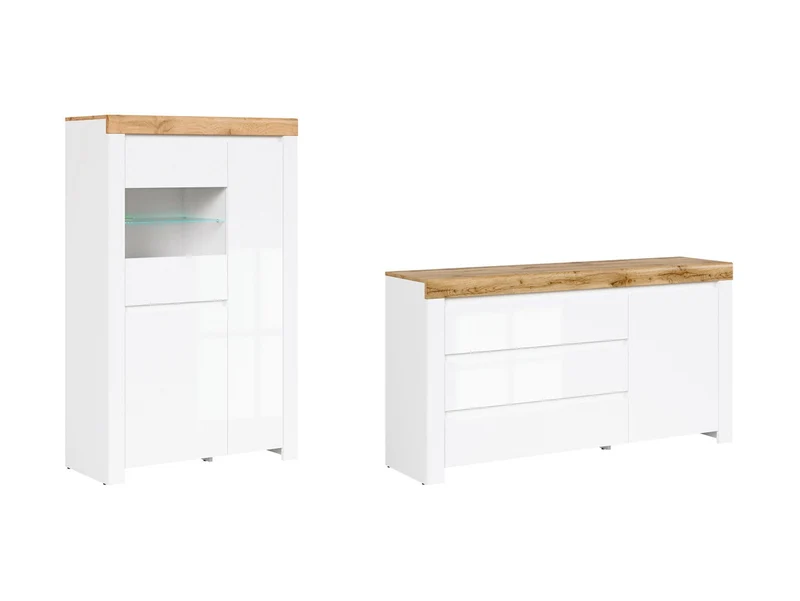Holten Living Room Set – Sideboard & Display Cabinet | White / Wotan Oak / White Gloss