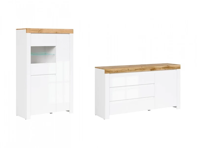 Holten Living Room Set – Sideboard & Display Cabinet | White / Wotan Oak / White Gloss