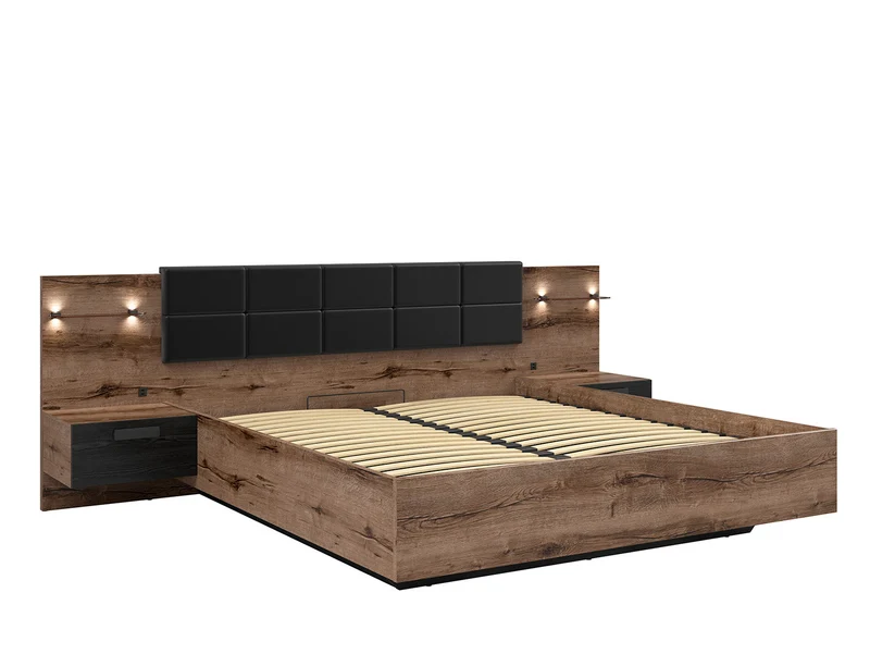 Kassel Bed Set 180 + Merida Mattress | Monastery Oak / Black Eco-Leather