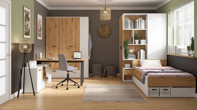 Homeland Corner Wardrobe with Bookcase – White & Artisan Oak
