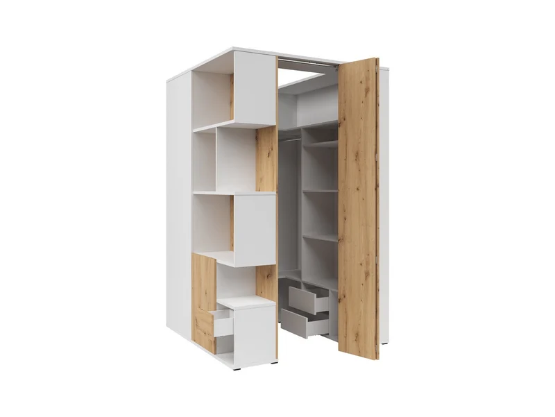 Homeland Corner Wardrobe with Bookcase – White & Artisan Oak