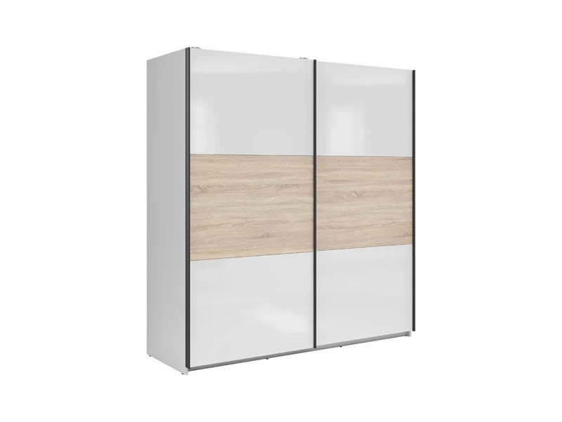 Tetrix Sliding Wardrobe 183 cm – White Gloss & Sonoma Oak, 2 Rails, Removable Shelves, Grey Canvas Interior