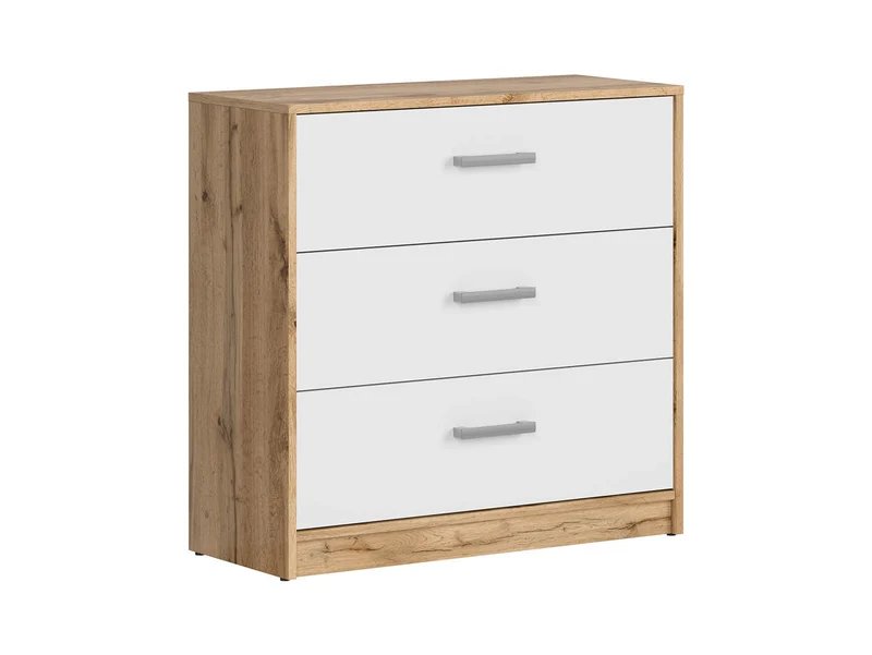 Matos Chest of Drawers 80 cm – Wotan Oak & White Matt, 3 Drawers, Silver Handles
