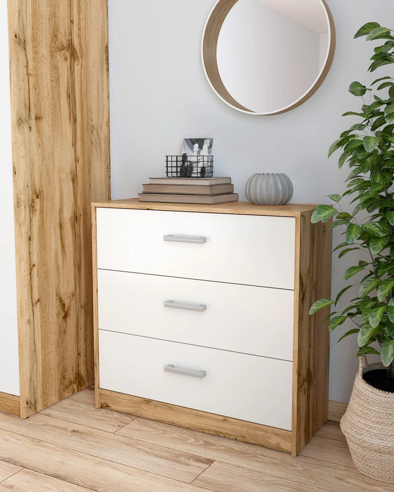Matos Chest of Drawers 80 cm – Wotan Oak & White Matt, 3 Drawers, Silver Handles