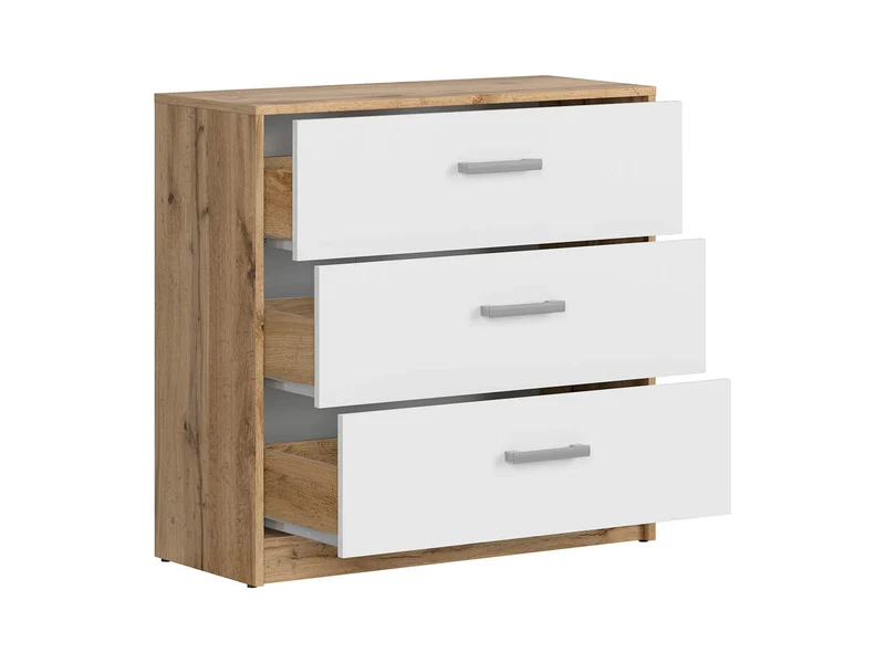 Matos Chest of Drawers 80 cm – Wotan Oak & White Matt, 3 Drawers, Silver Handles