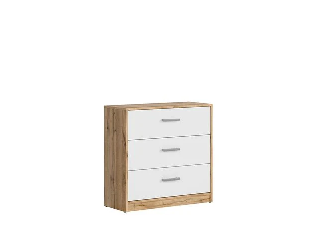 Matos Chest of Drawers 80 cm – Wotan Oak & White Matt, 3 Drawers, Silver Handles