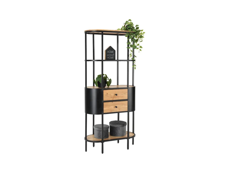Ravin Bookcase 78 cm – Acacia & Black Metal, Open Shelves & 2 Drawers, 172 cm Tall