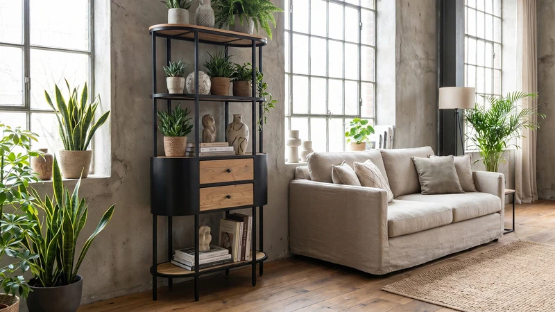Ravin Bookcase 78 cm – Acacia & Black Metal, Open Shelves & 2 Drawers, 172 cm Tall
