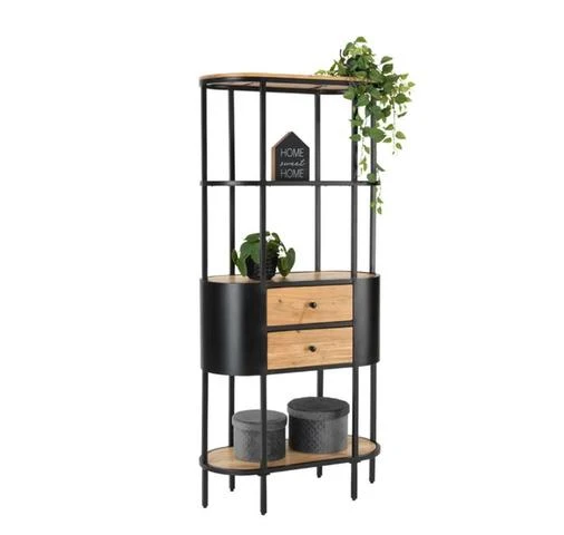 Ravin Bookcase 78 cm – Acacia & Black Metal, Open Shelves & 2 Drawers, 172 cm Tall