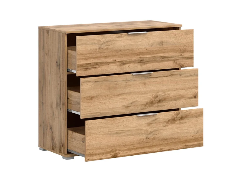 Zele Chest of Drawers 95 cm – Wotan Oak & White Gloss, 3 Drawers, Integrated Handles
