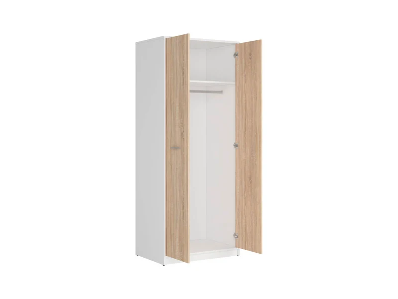 Nepo Plus 2-Door Wardrobe 80 cm – White & Sonoma Oak, Scratch-Resistant, Hanging Rail, Hallway