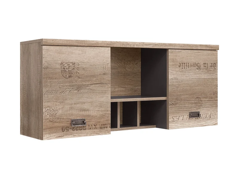 Malcolm Wall-Mounted Cabinet 120 cm – Monument Oak & Letter Print, 2 Doors, Open Shelf, Study Zone