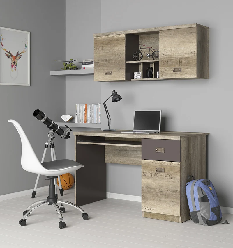 Malcolm Wall-Mounted Cabinet 120 cm – Monument Oak & Letter Print, 2 Doors, Open Shelf, Study Zone