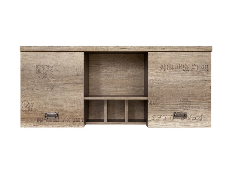 Malcolm Wall-Mounted Cabinet 120 cm – Monument Oak & Letter Print, 2 Doors, Open Shelf, Study Zone