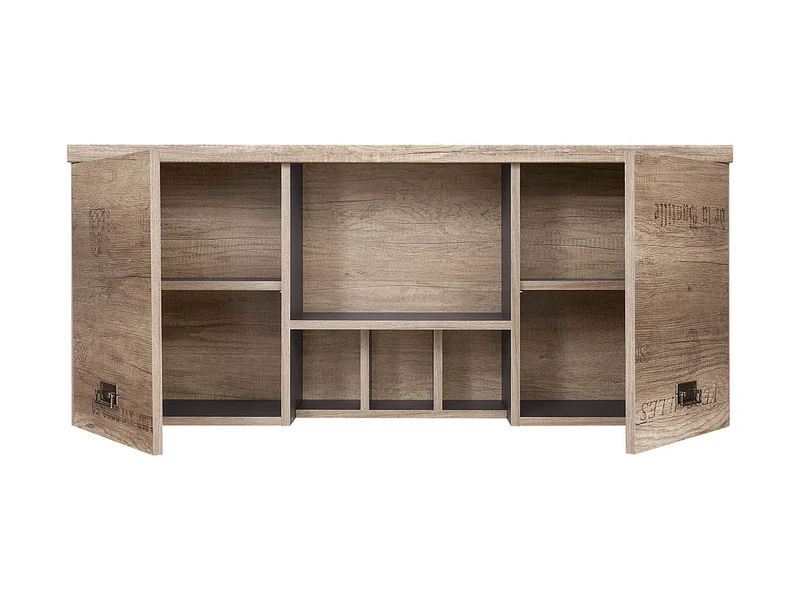 Malcolm Wall-Mounted Cabinet 120 cm – Monument Oak & Letter Print, 2 Doors, Open Shelf, Study Zone