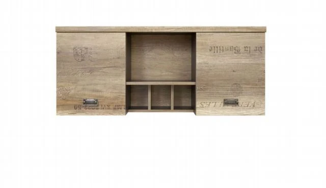 Malcolm Wall-Mounted Cabinet 120 cm – Monument Oak & Letter Print, 2 Doors, Open Shelf, Study Zone