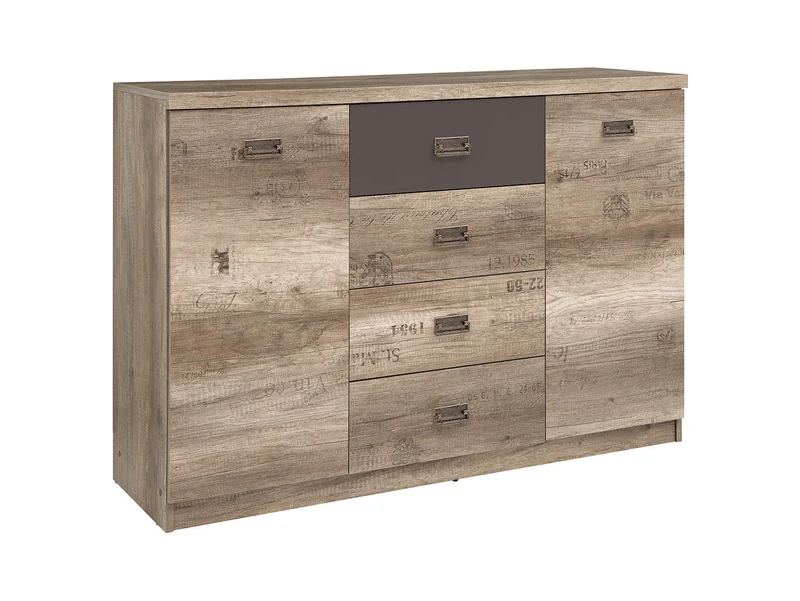 Malcolm Chest of Drawers 130 cm – Monument Oak & Letter Print, 4 Drawers, 4 Compartments, 2 Doors