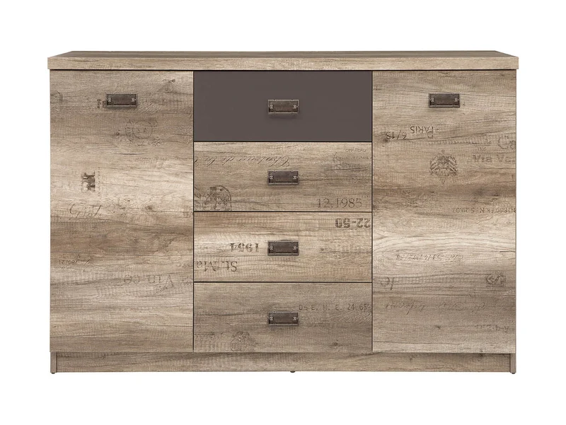 Malcolm Chest of Drawers 130 cm – Monument Oak & Letter Print, 4 Drawers, 4 Compartments, 2 Doors