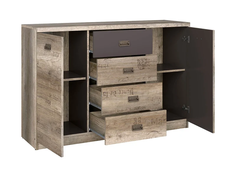 Malcolm Chest of Drawers 130 cm – Monument Oak & Letter Print, 4 Drawers, 4 Compartments, 2 Doors