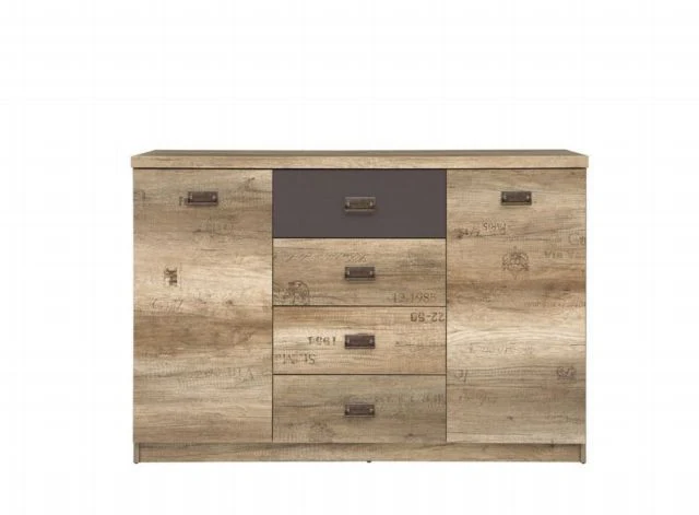 Malcolm Chest of Drawers 130 cm – Monument Oak & Letter Print, 4 Drawers, 4 Compartments, 2 Doors