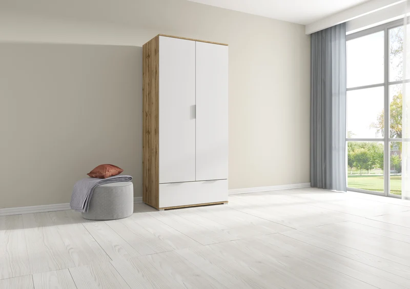 Zele Wardrobe 2-Door with Drawer – Wotan Oak / White Gloss
