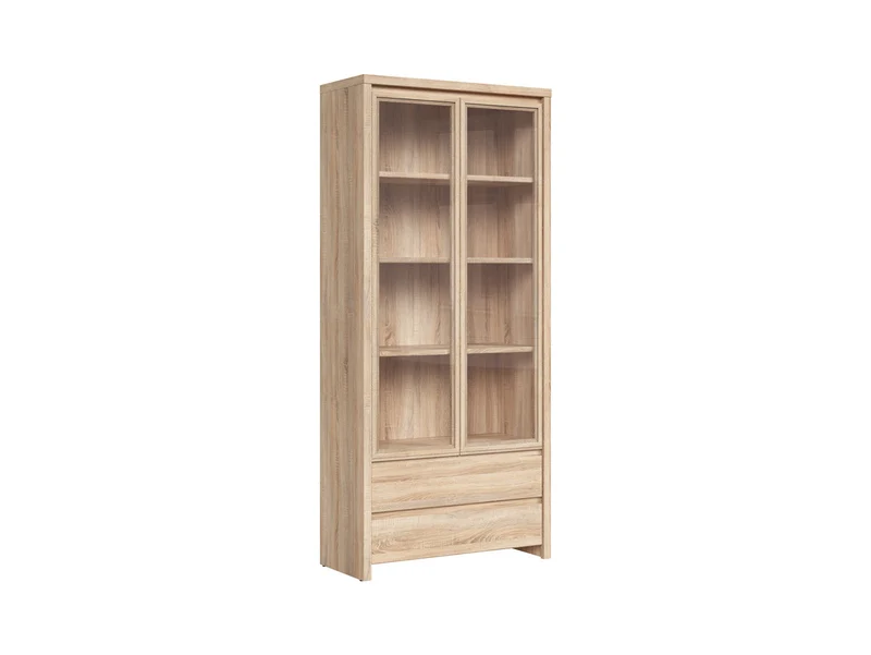 Kaspian Display Cabinet 90 cm – Sonoma Oak | 4 Glazed Shelves, 2 Drawers & Handleless Fronts