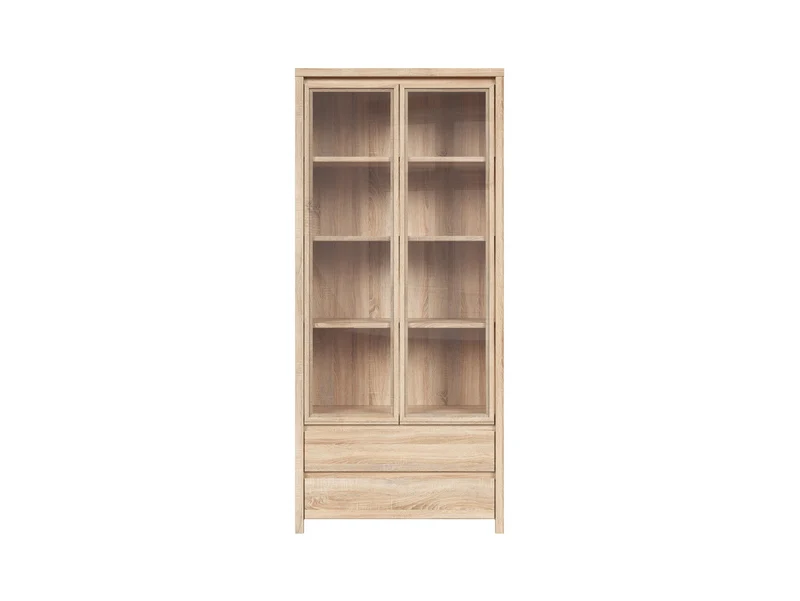 Kaspian Display Cabinet 90 cm – Sonoma Oak | 4 Glazed Shelves, 2 Drawers & Handleless Fronts