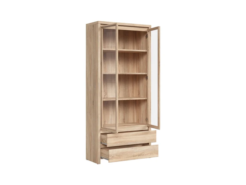 Kaspian Display Cabinet 90 cm – Sonoma Oak | 4 Glazed Shelves, 2 Drawers & Handleless Fronts