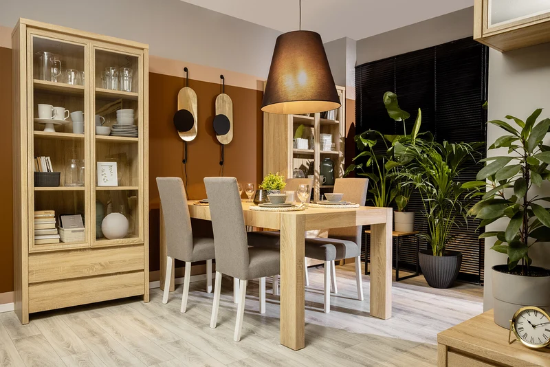 Kaspian Display Cabinet 90 cm – Sonoma Oak | 4 Glazed Shelves, 2 Drawers & Handleless Fronts