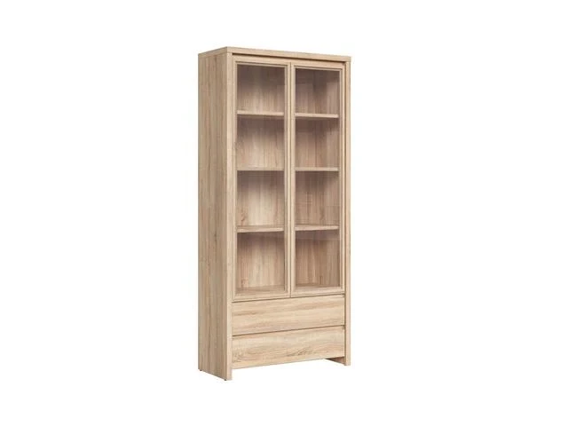 Kaspian Display Cabinet 90 cm – Sonoma Oak | 4 Glazed Shelves, 2 Drawers & Handleless Fronts