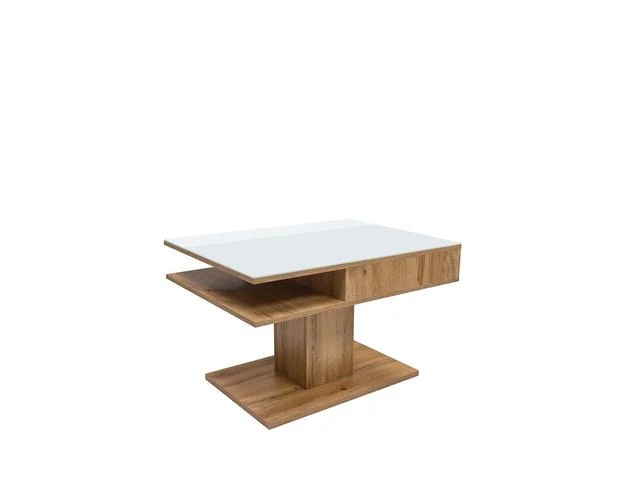 Campo Coffee Table 80×60 cm – Wotan Oak / White Toughened Glass | Open Storage Shelves