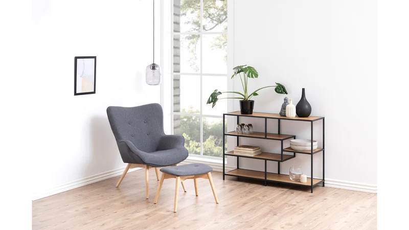 Seaford Open Bookcase 114 cm – Black Steel / Wild Oak | 4 Asymmetric Shelves