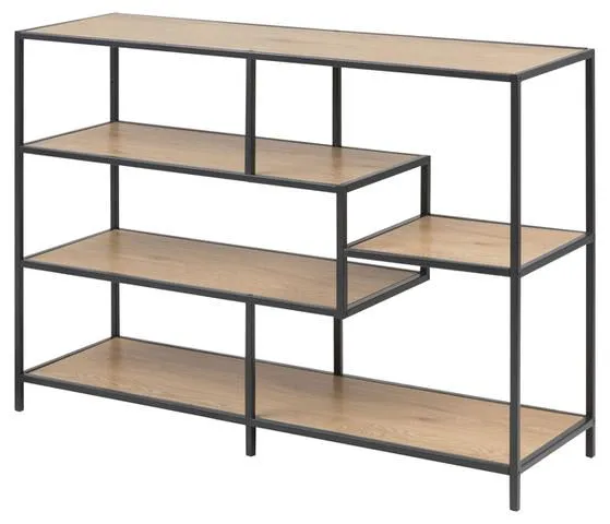 Seaford Open Bookcase 114 cm – Black Steel / Wild Oak | 4 Asymmetric Shelves