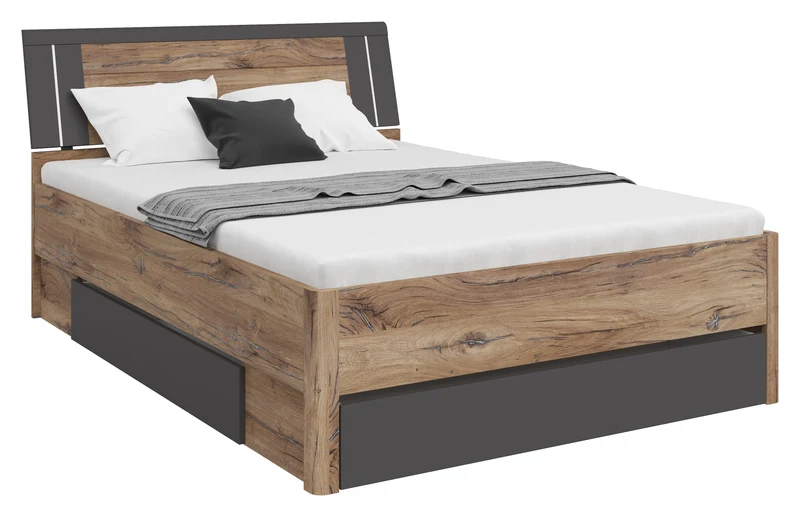 Saturn Bed 140×200 cm with LED – Dark Flagstaff Oak & Graphite
