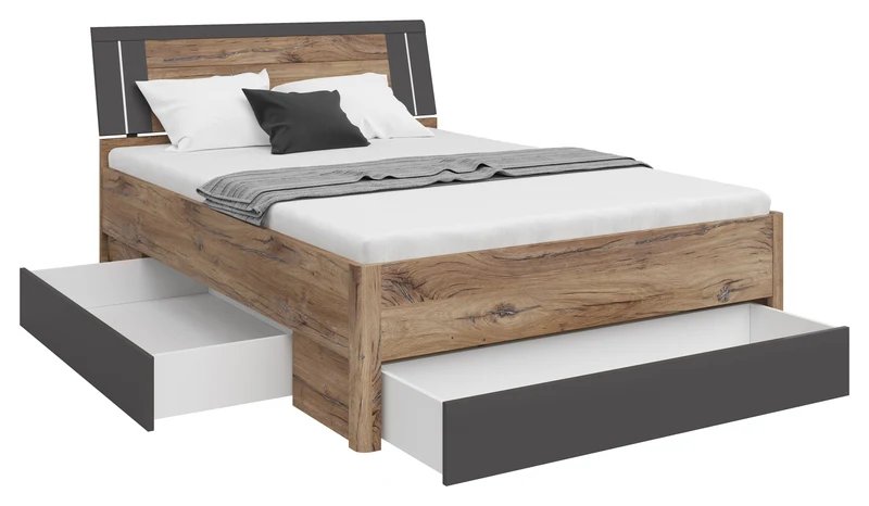 Saturn Bed 140×200 cm with LED – Dark Flagstaff Oak & Graphite
