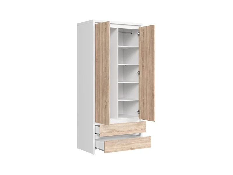 Kaspian 2-Door Wardrobe with 2 Drawers | White & Sonoma Oak | 90x200.5cm