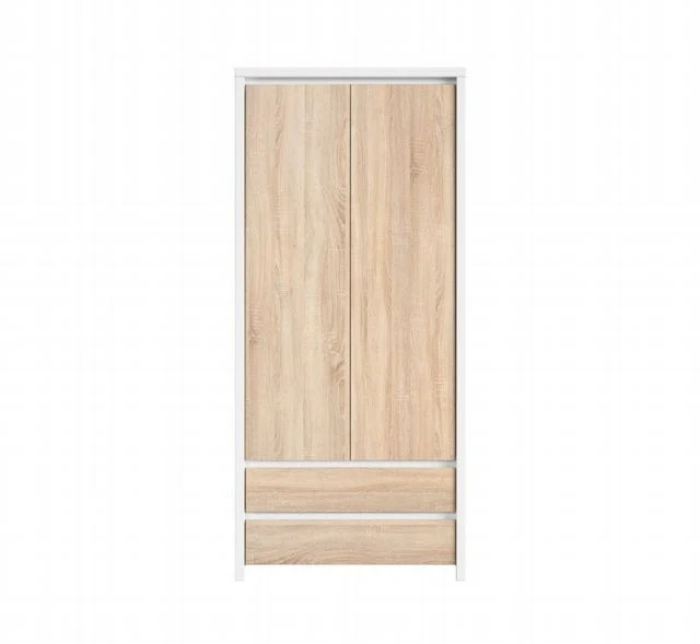Kaspian 2-Door Wardrobe with 2 Drawers | White & Sonoma Oak | 90x200.5cm