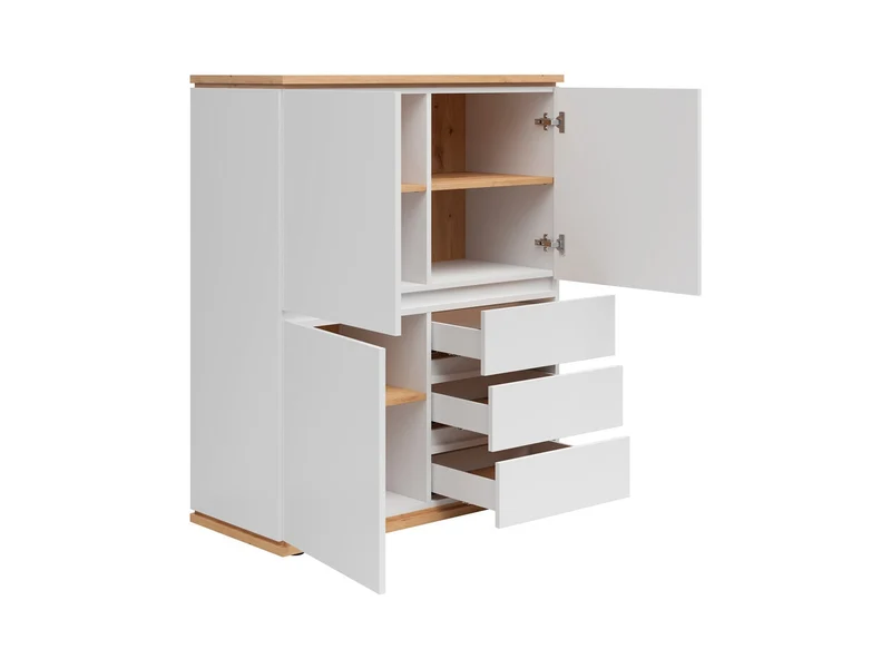 Yamael Tall Chest of Drawers – 3 Drop-Down Doors & 3 Drawers | White Matt & Artisan Oak | Push-to-Open