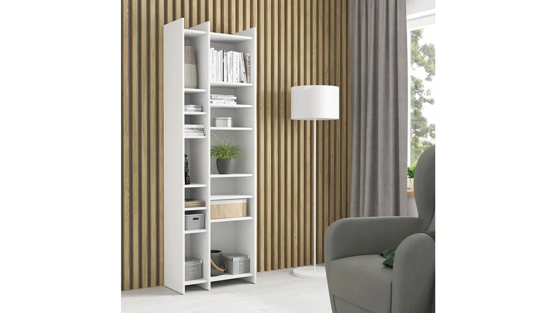 Lenny Tall Geometric Bookcase – White | Irregular Open Shelves | 60×190.5×32 cm | Books, Plants & Display