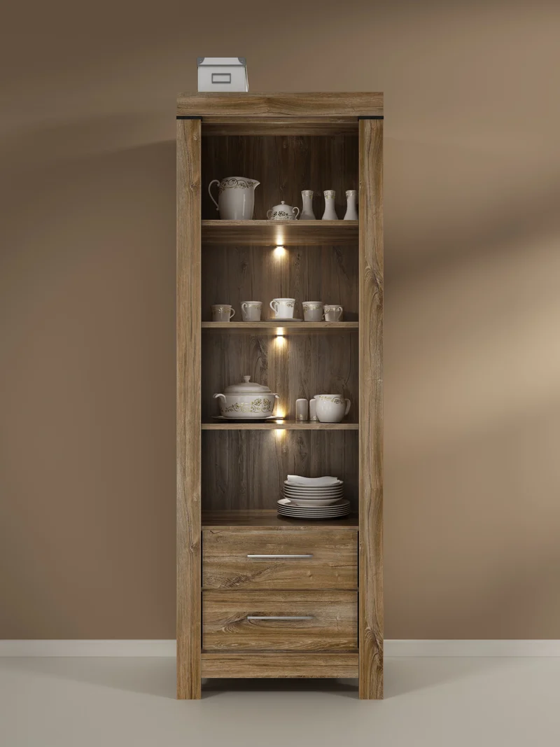 Gent Display Cabinet | Stirling Oak | LED Lighting | Glass Shelves + 2 Drawers | 68×200 cm