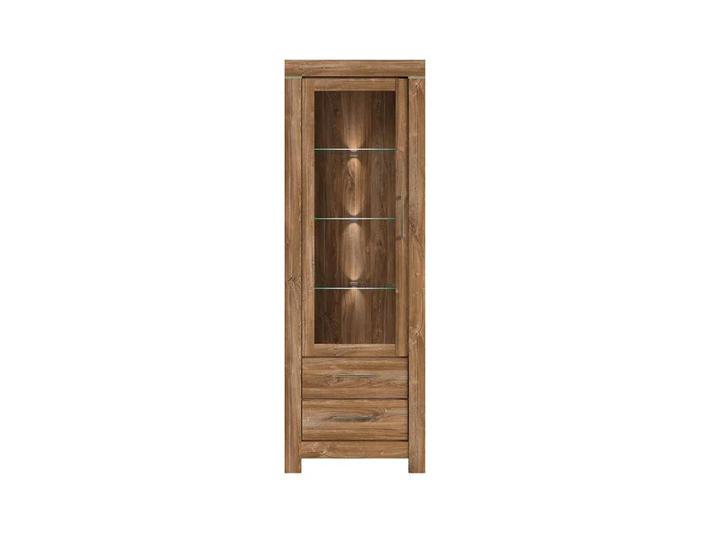 Gent Display Cabinet | Stirling Oak | LED Lighting | Glass Shelves + 2 Drawers | 68×200 cm