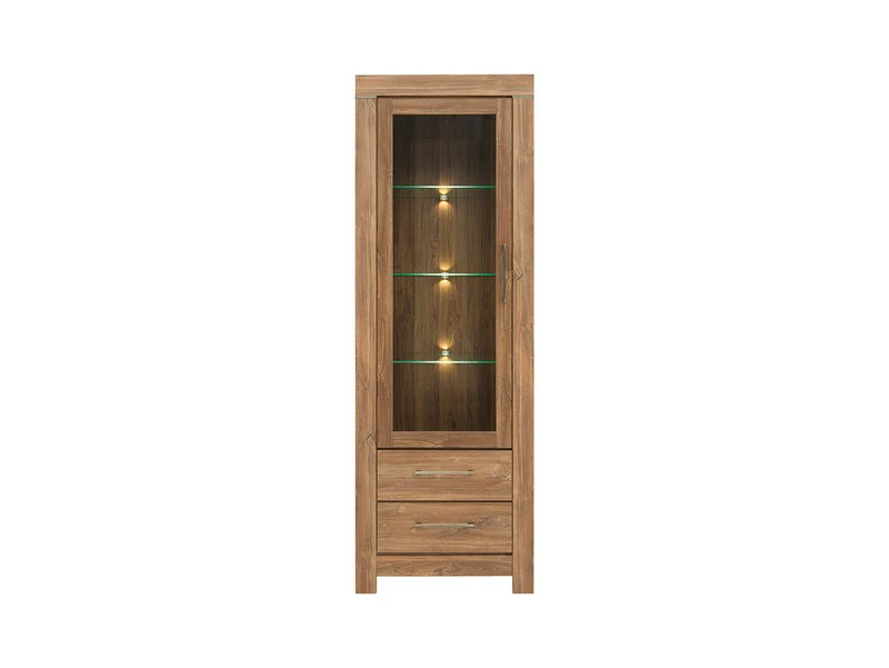 Gent Display Cabinet | Stirling Oak | LED Lighting | Glass Shelves + 2 Drawers | 68×200 cm