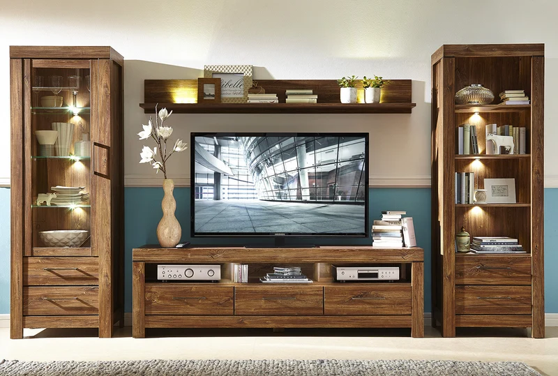 Gent Display Cabinet | Stirling Oak | LED Lighting | Glass Shelves + 2 Drawers | 68×200 cm