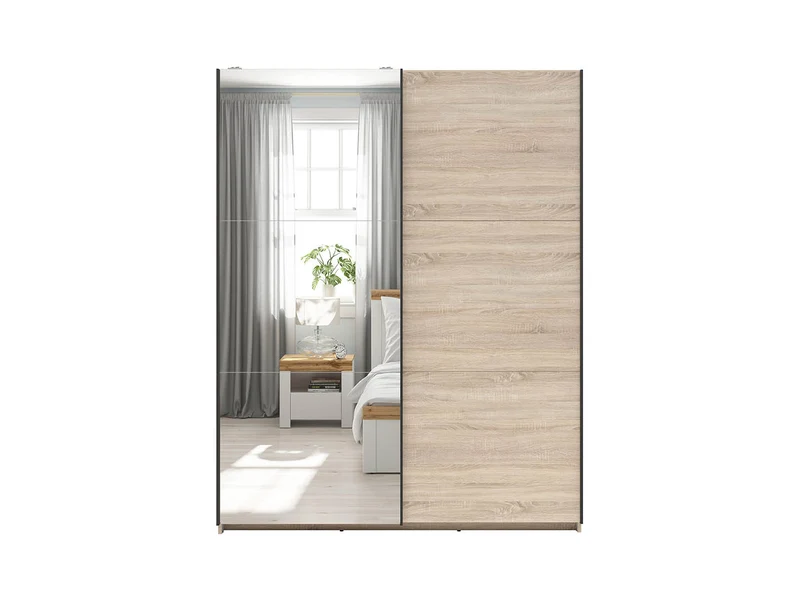 Tetrix Sliding Door Wardrobe 153 cm – Sonoma Oak | Mirror Door, 2 Rails & 5 Shelves