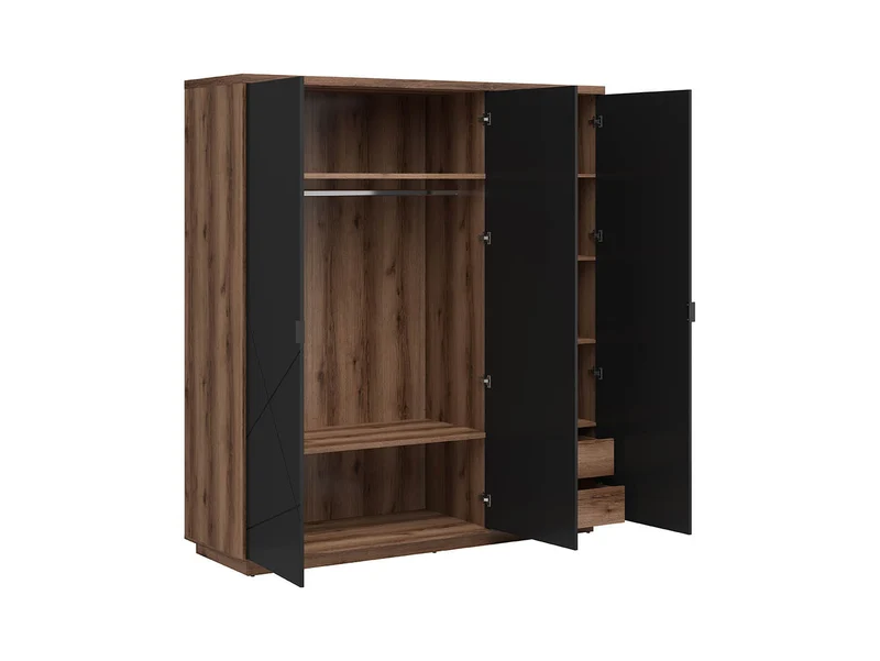 Forn 3-Door Wardrobe 180 cm – Dark Delano Oak / Matt Black | Rail, 4 Shelves & 2 Drawers