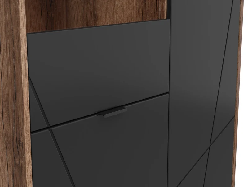 Forn Display Cabinet 94 cm – Dark Delano Oak / Matt Black | 6 Compartments, Glass Shelf & LED Option