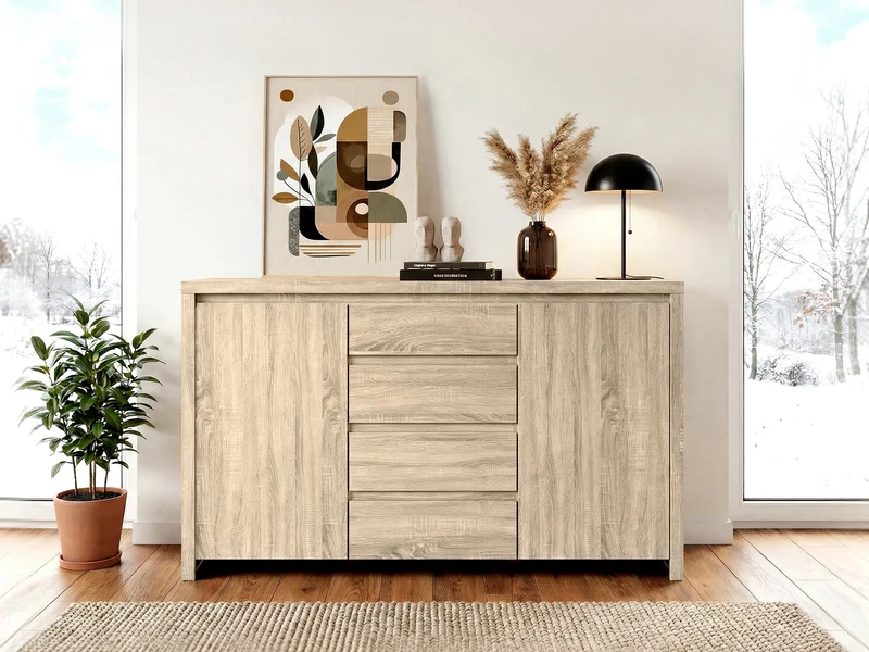 Kaspian Sideboard 143 cm – Sonoma Oak | 2 Doors, 4 Shelves & Handleless Fronts