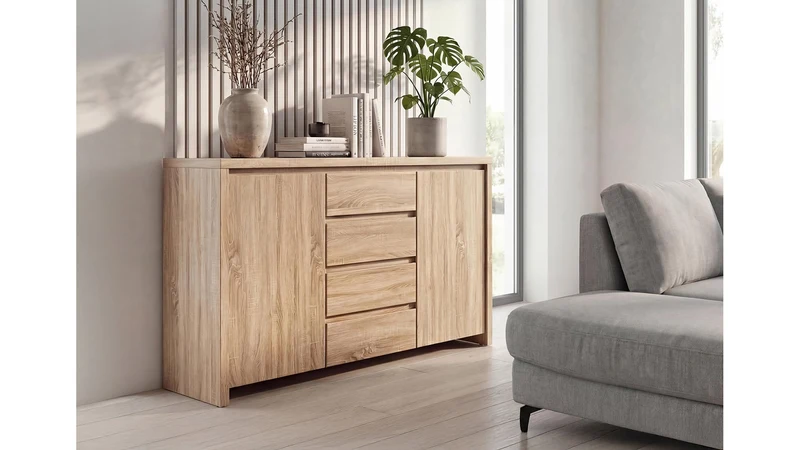 Kaspian Sideboard 143 cm – Sonoma Oak | 2 Doors, 4 Shelves & Handleless Fronts